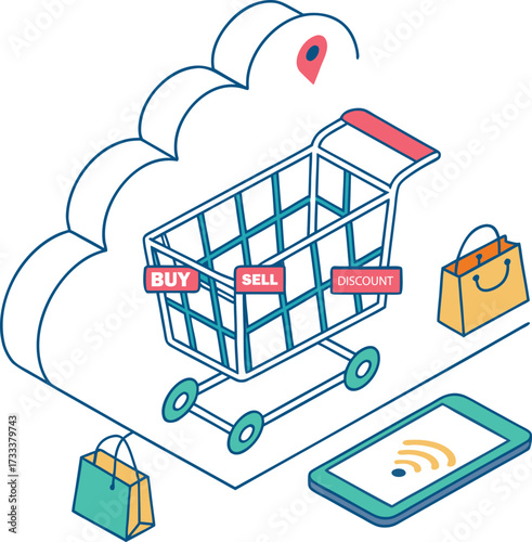 Isometric shopping cart with buy sell discount labels and shopping bags near phone ecommerce