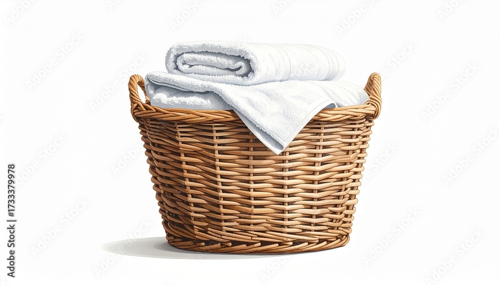 Obraz premium Woven wicker laundry basket with two handles, filled with neatly folded white towels, set against plain white background.
