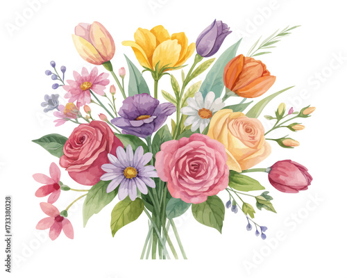 Vibrant Watercolor Mixed Flower Bouquet Illustration isolated on white background