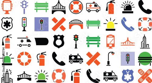 Essential services icons collection featuring emergency, transport and safety elements for civic planning and public service design needs now