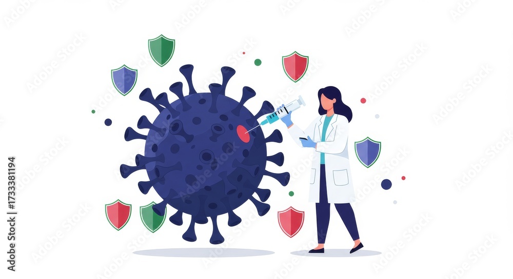 Obraz premium Vector Nurse Injecting Vaccine into Giant Virus Illustration with Shield Icons