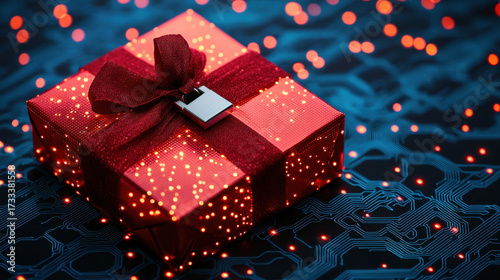 Christmas cyber security technology concept with glowing gift box on digital circuit background creating festive mood