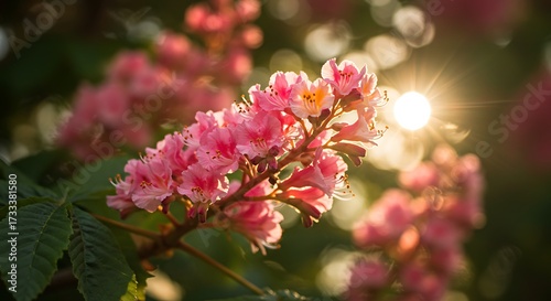 Pink flowers in sunlight close up view with blurred background