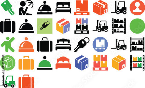 Colorful moving and storage icons for logistics design projects make business and travel concepts easy to understand with these vibrant elements