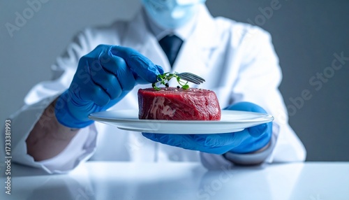 Scientist preparing cultivated meat in a lab with blue gloves and white coat, Creating a new piece of lab-grown meat with laboratory and scientific methods