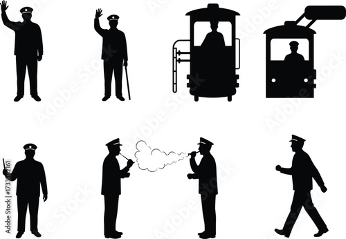 Silhouette, train conductor, tram worker, vintage transport, railway staff, uniformed personnel, smoke gesture, baton signal, trolley, public service, teamwork, motion, communication, historic tra