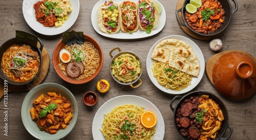 A diverse array of delicious international dishes served on a rustic wooden table.