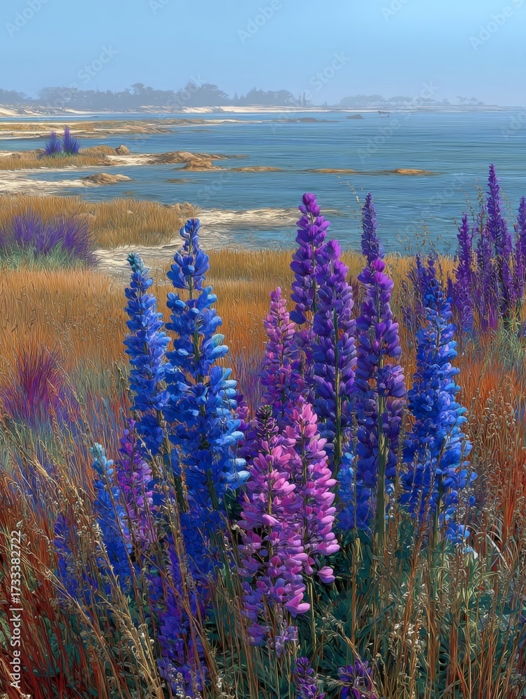 Naklejka premium Vibrant Coastal Landscape with Colorful Wildflowers and Calm Waters Under a Clear Blue Sky