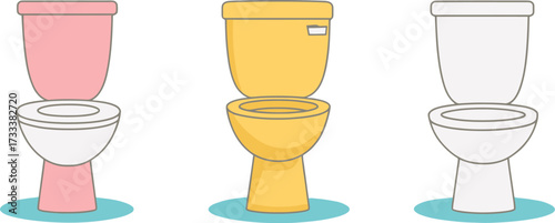 Whimsical restroom concept illustration features three colorful retro-style toilets for quirky decor or playful design projects with a vintage vibe