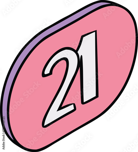 Pink oval shape with number 21 in light purple and white twenty one numeral