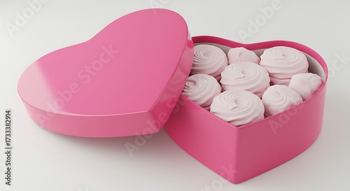 Pink heart shaped box filled with delicate white marshmallows
