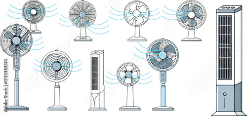 I see the image you uploaded. It shows different types of electric fans. There are several designs,  Art & Illustration