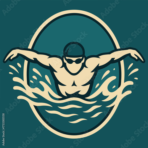 Butterfly Stroke Swimmer In Circular Wave Emblem Retro Mid Century Sports