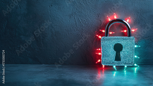 Christmas cyber security technology concept with padlock and festive lights on textured background creating secure holiday atmosphere