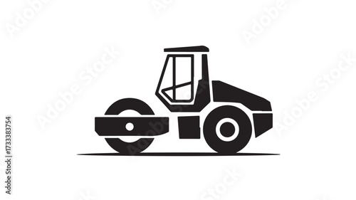 Professional black road roller vehicle icon symbolizing construction, roadwork, and heavy machinery for industrial and engineering projects creating smooth surfaces.