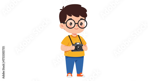 Cartoon Boy with Glasses and Camera Ready to Capture Memories.