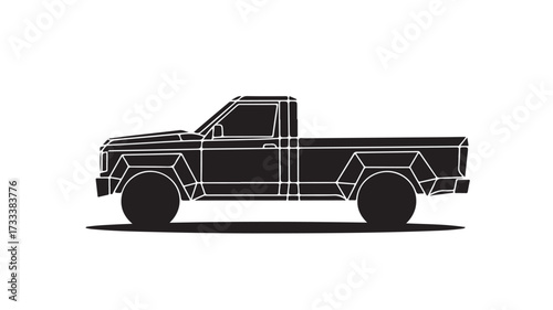 Bold black silhouette of a classic pickup truck with sharp geometric lines, representing ruggedness and adventure, perfect for automotive design or adventure branding projects.