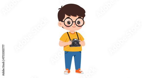 Cartoon boy with glasses holding a vintage camera 1.