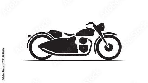 Captivating geometric motorcycle silhouette with sidecar offers dynamic retro travel adventure, perfect for vintage transport branding and classic design projects.