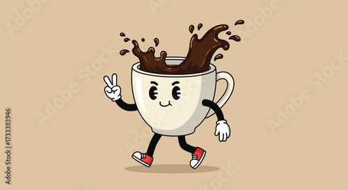 Cartoon Coffee Cup Character with Splashing Liquid and Peace Sign.