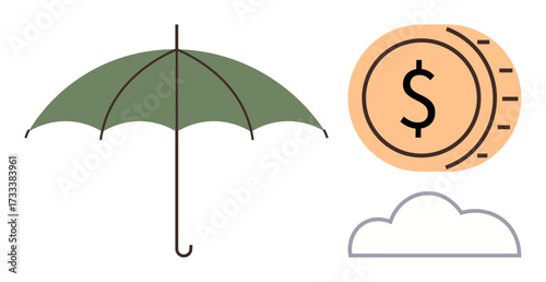 Green umbrella, dollar coin, and abstract cloud signifying financial protection, savings, insurance, and security. Ideal for finance, insurance, savings safety shelter wealth and risk management