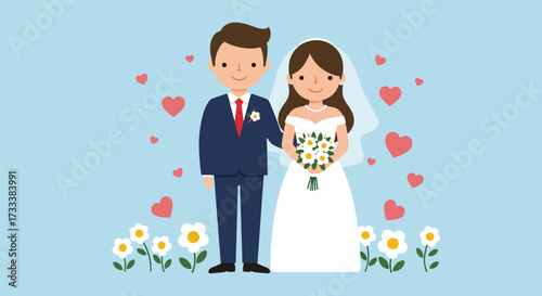Cartoon illustration of a happy bride and groom on their wedding day