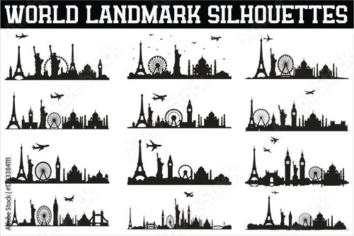 World landmarks silhouettes collection featuring iconic monuments and architectural wonders from around the globe