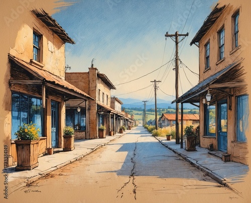 rough color pencil sketch on textured paper, entryway of a quaint rural town