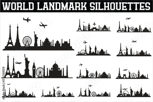 World landmarks silhouettes collection featuring iconic monuments and architectural wonders from around the globe
