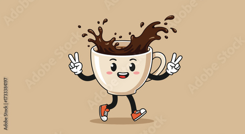 Cheerful Cartoon Coffee Cup Character with Splashing Liquid and Peace Signs 1.