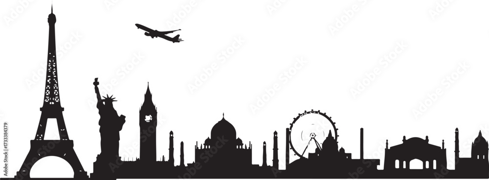 Naklejka premium World landmarks silhouettes collection featuring iconic monuments and architectural wonders from around the globe