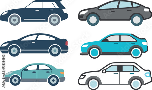 Six flat design cars in various colors and styles on a white background automobile vehicle