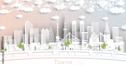 Tokyo. Japan. Winter city skyline in paper cut style with white buildings, snowflakes and neon garland. Christmas and new year. Tokyo cityscape with landmarks. Illustration.