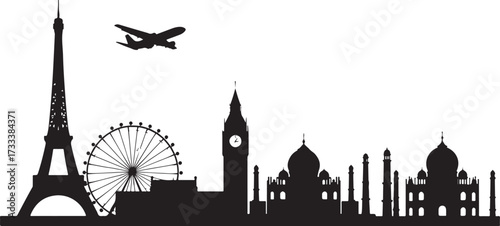 World landmarks silhouettes collection featuring iconic monuments and architectural wonders from around the globe