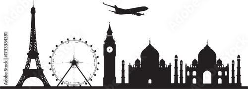 World landmarks silhouettes collection featuring iconic monuments and architectural wonders from around the globe