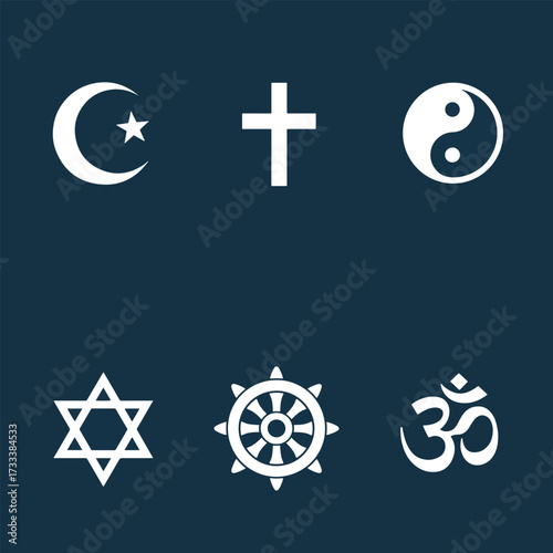 Collection of six prominent religious and spiritual symbols displayed in white.