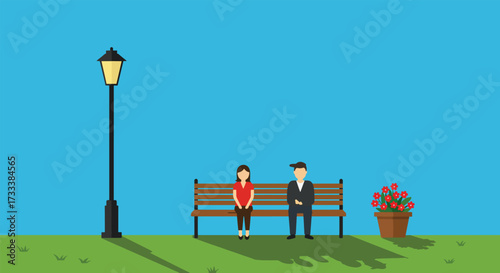 Couple Sitting Apart on Park Bench Under Lamppost.