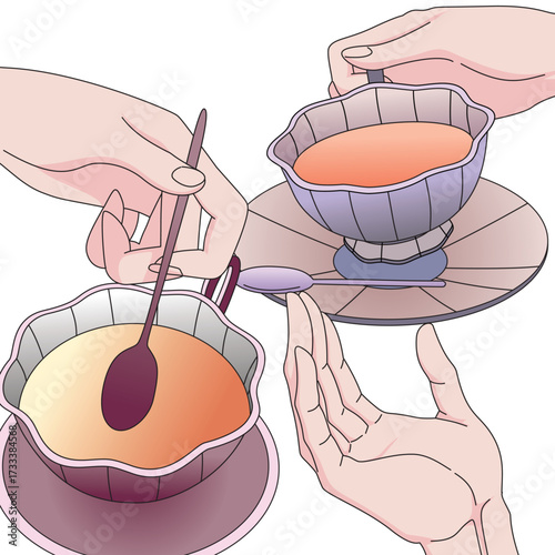 Vector illustration of hands serving dessert with spoon, elegant food presentation concept, perfect for restaurant menu, cafe design, hospitality, sweet treat, and lifestyle artwork.