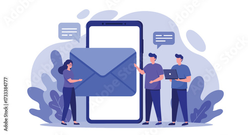 Diverse group of people interacting with a large email icon on a smartphone screen.