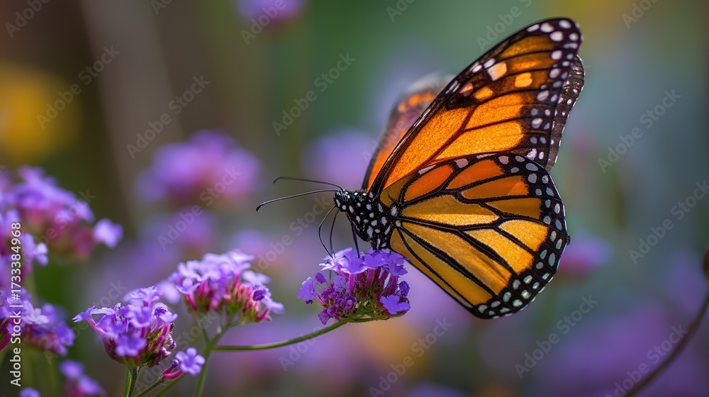 Fototapeta premium Monarch feeding on purple flowers under natural light — vibrant orange and black wings on purple blossoms with soft bokeh, ideal for branding, editorial spreads, and educational visuals, ecology con