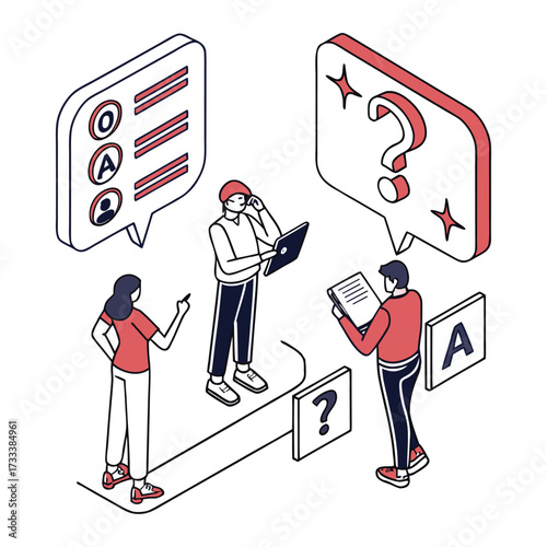 Three people in isometric view discussing questions and answers with speech bubbles
