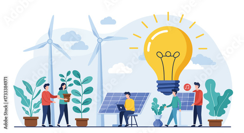 Diverse people collaborating on renewable energy solutions with wind turbines and solar panels.