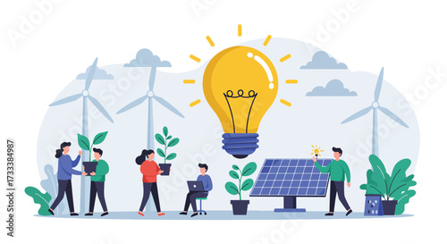 Diverse people cultivating green energy with solar panels and wind turbines.