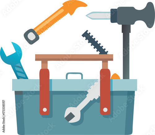 Toolbox with assorted tools including hammer wrench saw and screw vector