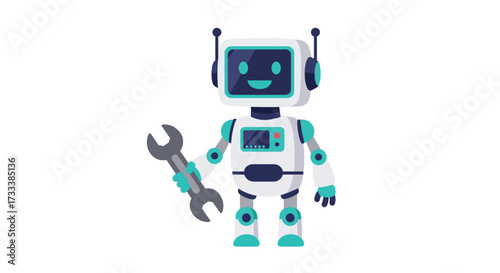 Friendly cartoon robot holding a wrench ready for repairs and maintenance.