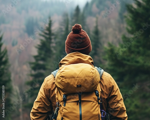 Person with backpack, looking at mountain forest