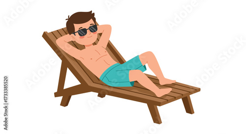 Man Relaxing on a Wooden Beach Chair Wearing Sunglasses