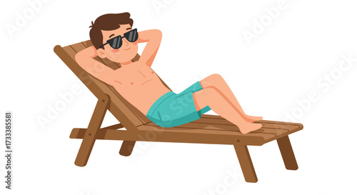 Man Relaxing on a Wooden Beach Chair Wearing Sunglasses.