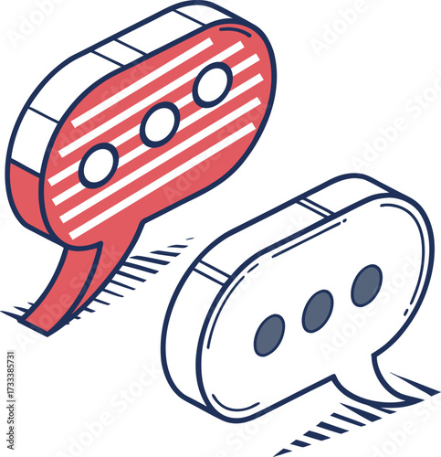 Two isometric speech bubbles one red striped with circles the other white with dots