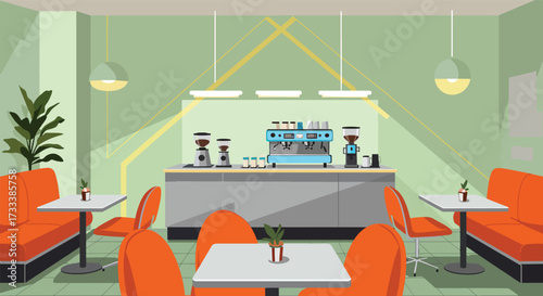 Modern Cafe Interior with Orange Booths and Coffee Machine.